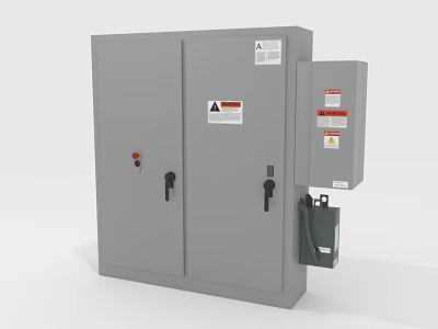 Household Electrical Control Cabinet With Gray Double Doors Warning Labels And Attached Unit 3d model