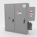 Household Electrical Control Cabinet With Gray Double Doors Warning Labels And Attached Unit
