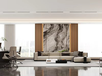 Elegant Spacious Modern Office With Marble Accent Wall And Comfortable Leisure Reception Sofa Area 3d model