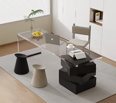 Transparent Desk With Laptop Coffee Cup Book Fruits Chair Black Beige Stools Rug Green Plant 3d model