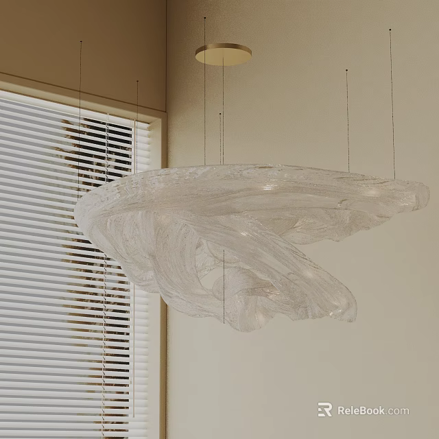 Modern Chandelier with Flowing Transparent Material and Wavy Shape Against White Blinds and Light-Colored Walls 3d model 