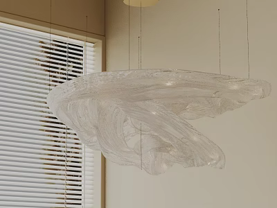 Modern Chandelier with Flowing Transparent Material and Wavy Shape Against White Blinds and Light-Colored Walls 3d model