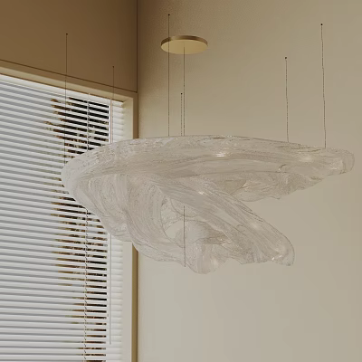 Modern Chandelier with Flowing Transparent Material and Wavy Shape Against White Blinds and Light-Colored Walls 3d model