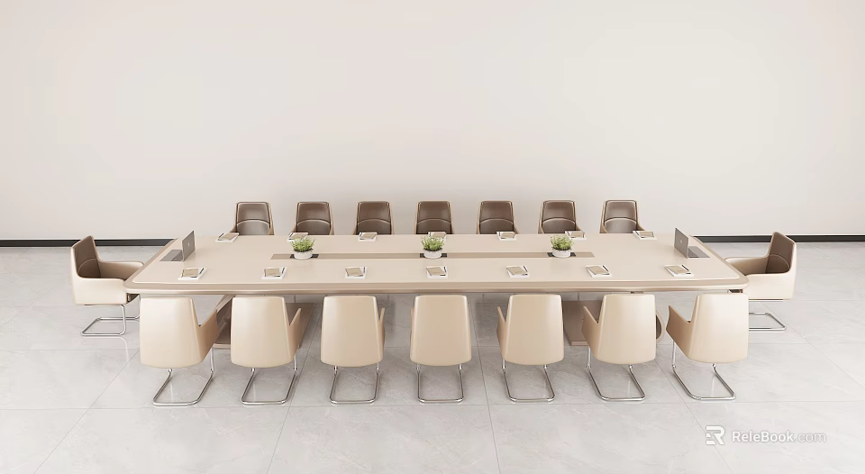 Modern Conference Room Interior Design With Long Table Potted Plants And Chairs 3d model 