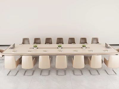 Modern Conference Room Interior Design With Long Table Potted Plants And Chairs 3d model