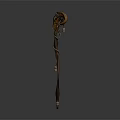 Ornate Horned Weapon With Carved Long Handle And Decorative Antler Design