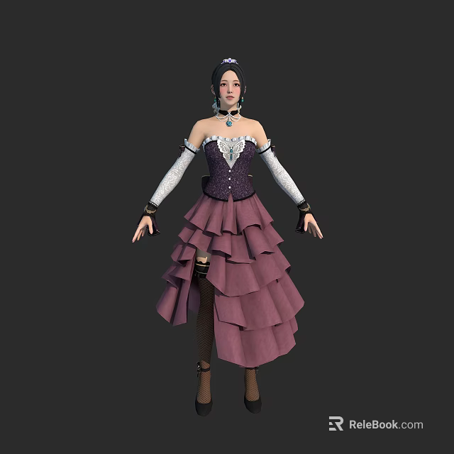 Woman In Purple Corset Dress With Layered Ruffled Skirt And Long Sleeves 3d model 