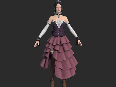 Woman In Purple Corset Dress With Layered Ruffled Skirt And Long Sleeves 3d model