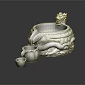 Stone Garden Ornament Featuring Intricate Dragon Carving And Small Decorative Basins
