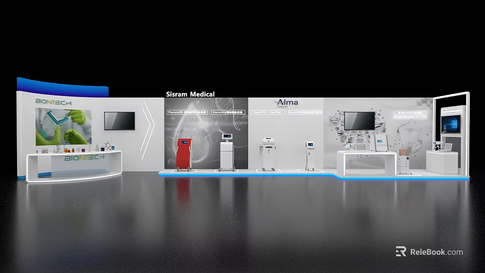 Modern Medical Exhibition Island With Straum Medical Alma Equipment Display Screens And Booth Design 3d model 