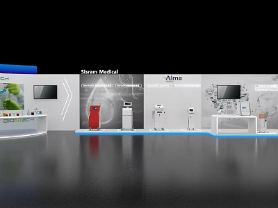 Modern Medical Exhibition Island With Straum Medical Alma Equipment Display Screens And Booth Design 3d model