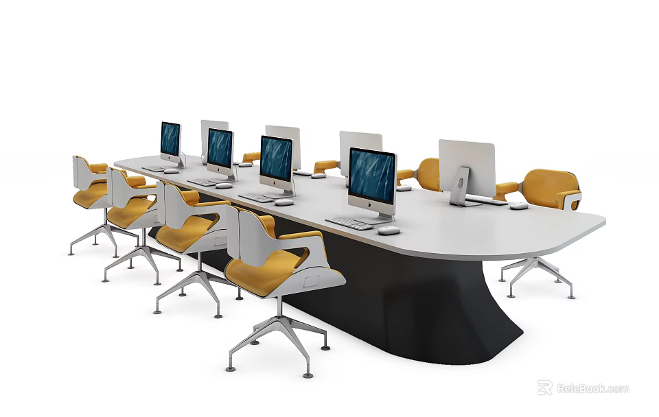 Modern Conference Table With Multiple Monitors And Yellow White Office Chairs 3d model 