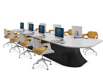 Modern Conference Table With Multiple Monitors And Yellow White Office Chairs 3d model