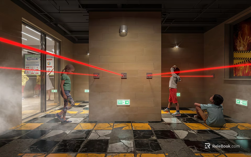 Interactive Indoor Space With Laser Beams And People Engaging On Tiled Floor 3d model