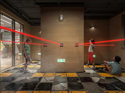 Interactive Indoor Space With Laser Beams And People Engaging On Tiled Floor 3d model