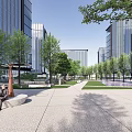 Modern Industrial Park With Glass Curtain Buildings Trees Pedestrian Walkway And Lawn