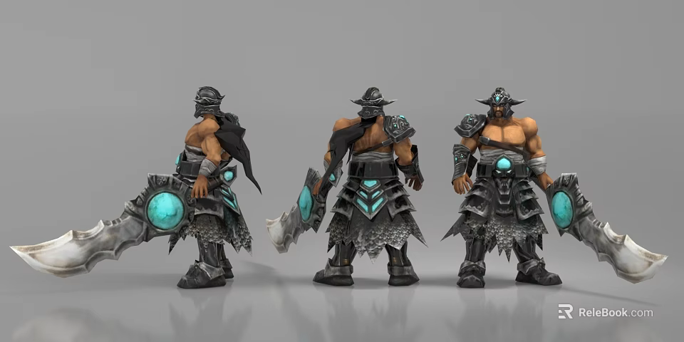 Fantasy Warrior Game Movie Character With Three Angles Muscular Build Blue Gemstone Armor And Large Swords 3d model 