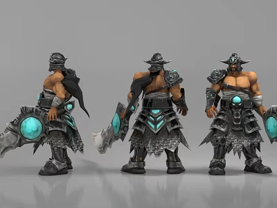 Fantasy Warrior Game Movie Character With Three Angles Muscular Build Blue Gemstone Armor And Large Swords 3d model