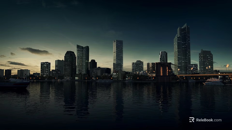 Stunning City Night Scenery with Tall Skyscrapers Water Reflections and Bridge Under Cloudy Sky 3d model 