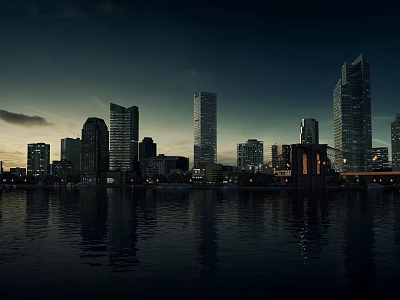 Stunning City Night Scenery with Tall Skyscrapers Water Reflections and Bridge Under Cloudy Sky 3d model