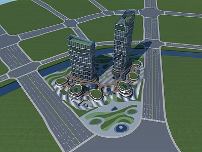 Modern Office Buildings with Two Tall Towers Surrounded by Roads and Green Spaces 3d model