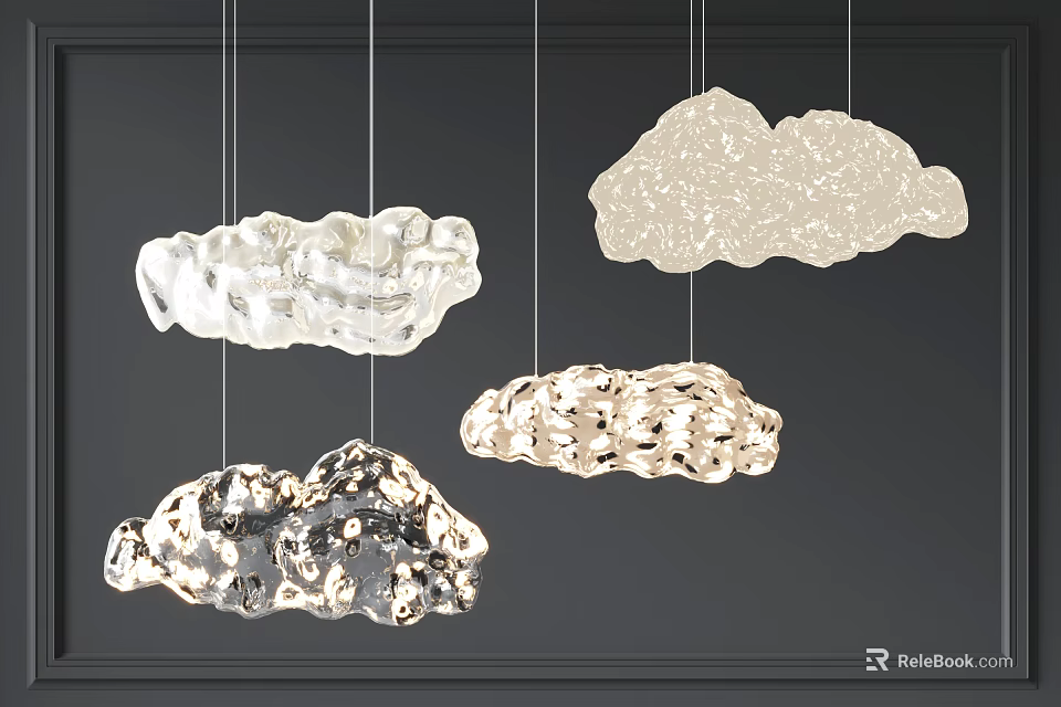 Elegant Cloud Shaped Chandeliers Hanging With Modern White And Metallic Glass Design 3d model 