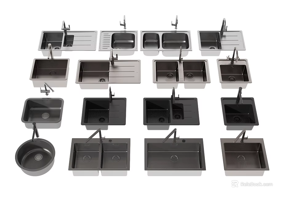 Various Modern Kitchen Sinks With Different Bowl Styles And Faucet Features 3d model