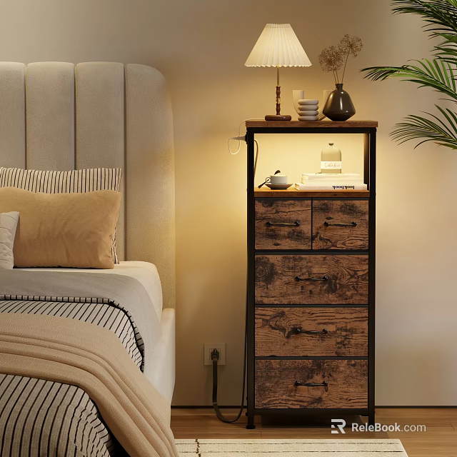 Natural Wood Storage Shelf With Drawers And Decorative Items In Bedroom 3d model 