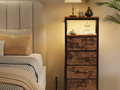 Natural Wood Storage Shelf With Drawers And Decorative Items In Bedroom 3d model