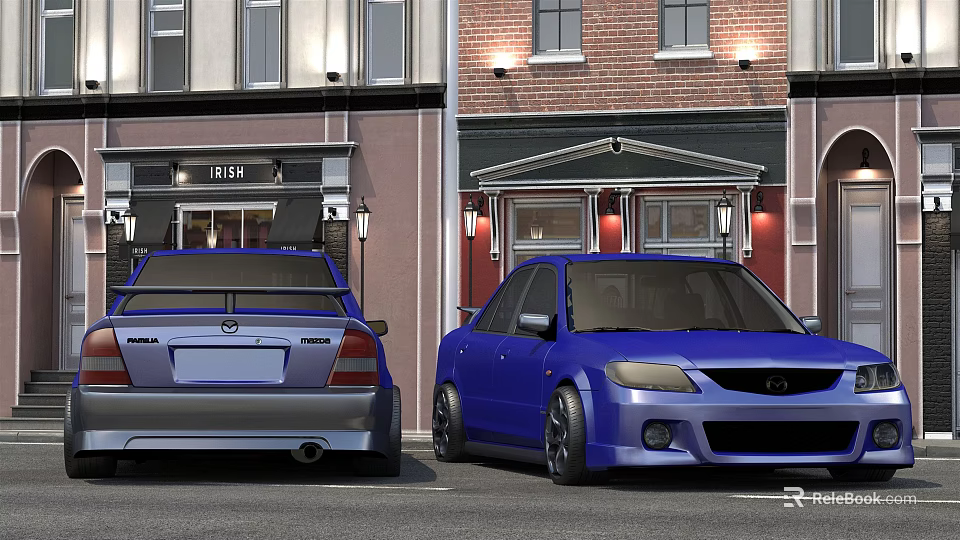 Two Gray And Blue Cars Parked On Street With Building Background 3d model 