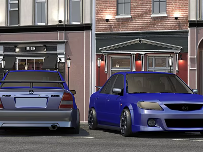 Two Gray And Blue Cars Parked On Street With Building Background 3d model