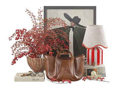 Stylish Decorative Ornament Set With Red Berry Branches Vase Leather Handbag Table Lamp Eyeglasses 3d model