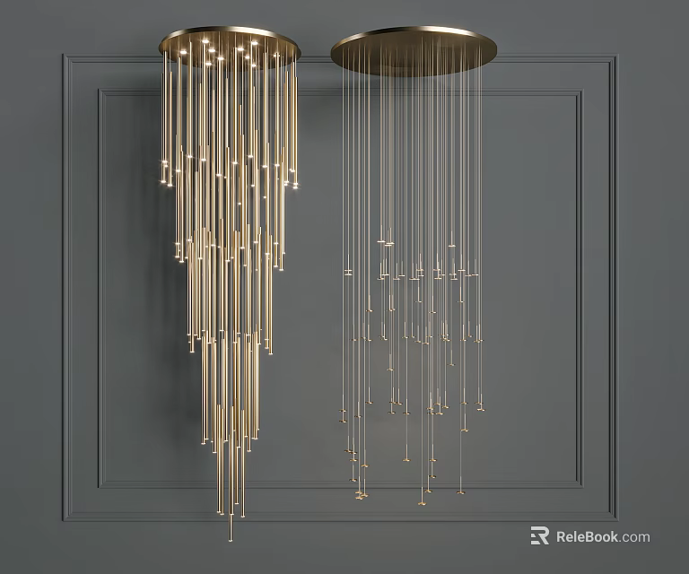 Modern Gold Chandeliers With Long Hanging Pendants On Gray Decorative Wall 3d model 