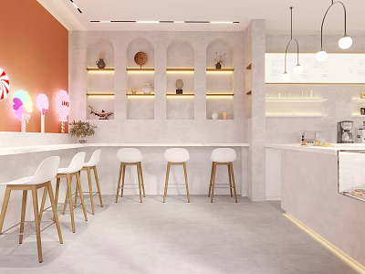 Modern Milk Tea Shop Interior With Orange Walls Arched Shelves White Bar Stools Golden Legs 3d model