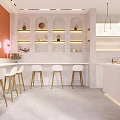 Modern Milk Tea Shop Interior With Orange Walls Arched Shelves White Bar Stools Golden Legs