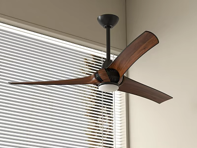 Modern Ceiling Fan With Wooden Blades And Black Base Near Window Blinds 3d model