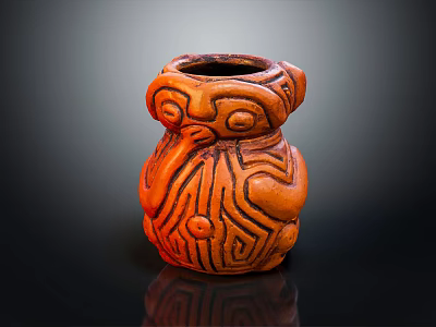Orange Ceramic Vessel With Carved Human Face And Geometric Motifs Design 3d model