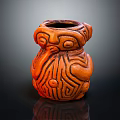 Orange Ceramic Vessel With Carved Human Face And Geometric Motifs Design