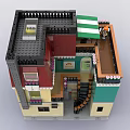 Building Blocks European Style Café Building With Green Wall Balcony Striped Awning