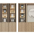 Chinese Style Wooden Bookcase With Open Shelves Books Decorations And Circular Artwork