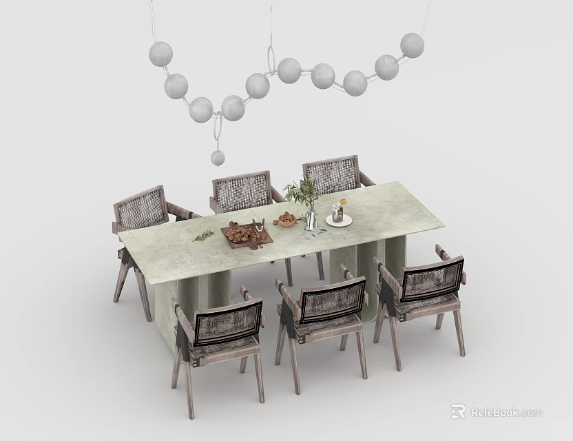 Rectangular Dining Table With Six Woven Chairs Fruit Tray Flower Vase And Spherical Pendant Lights 3d model 