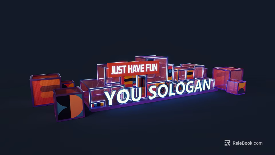 Commercial Landscape With Neon Signs 3D Blocks And Business Slogan 3d model 