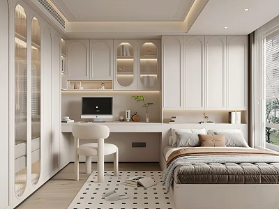 Modern Bedroom Interior Design With White Cabinetry Desk Computer Bed Pillows And Checkered Rug 3d model