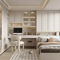 Modern Bedroom Interior Design With White Cabinetry Desk Computer Bed Pillows And Checkered Rug