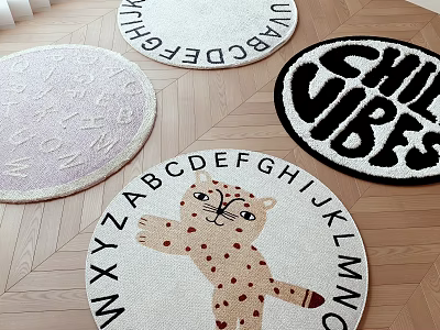 Diverse Designed Round Rugs With Alphabet Patterns Cartoon Cat And Chill Vibes Text 3d model