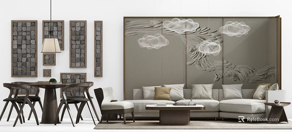 Modern Living Room Sofa And Coffee Table Set With Cloud Pattern Screen And Decorative Pillows 3d model