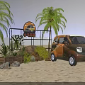 Tropical Outdoor Photo Check-in Spot With Palm Trees Cactus Rocks And Brown Car At Night