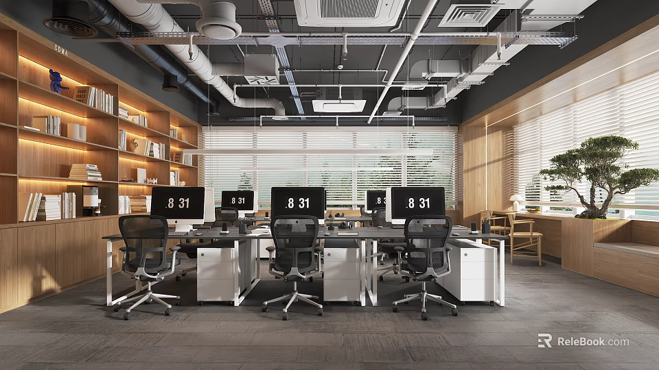 Modern Public Office Space With Desks Computer Monitors Bookshelves With Books Blinds And Green Plants 3d model 