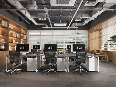 Modern Public Office Space With Desks Computer Monitors Bookshelves With Books Blinds And Green Plants 3d model