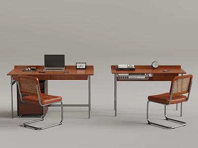 Home Office Setup with Brown Desks Chairs Laptop Books Clock and Decor Items 3d model